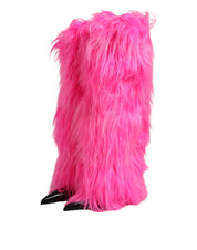 Pink Faux Fur Leather High Heels Boots Shoes
