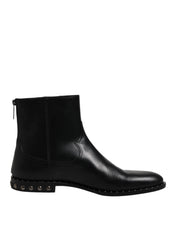 Black Leather Logo Ankle Boots Studded Shoes