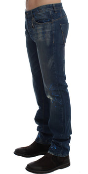 Blue Wash Paint Slim Fit Pants Jeans