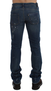 Blue Wash Paint Slim Fit Pants Jeans