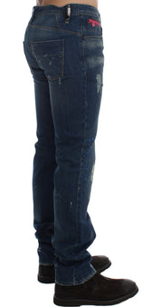 Blue Wash Paint Slim Fit Pants Jeans