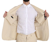 Two Piece 3 Button Beige Cotton Solid Suit