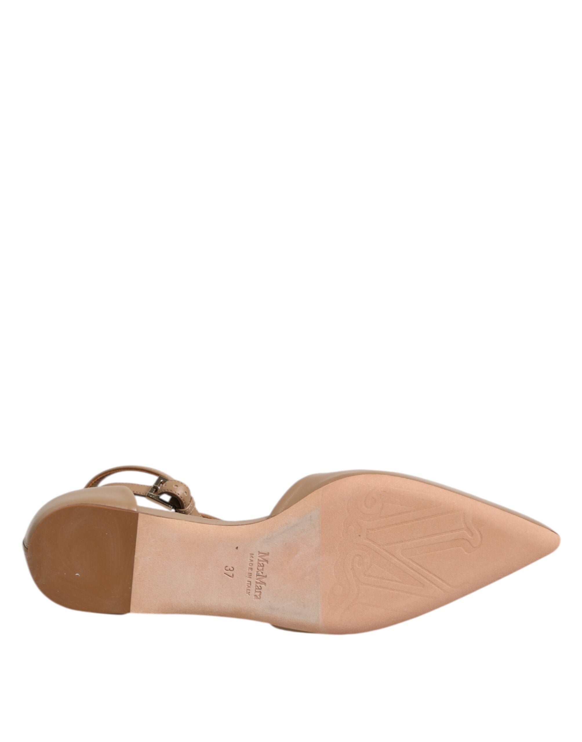 Beige lädersandaler med spetsig tå, balett-platta sko