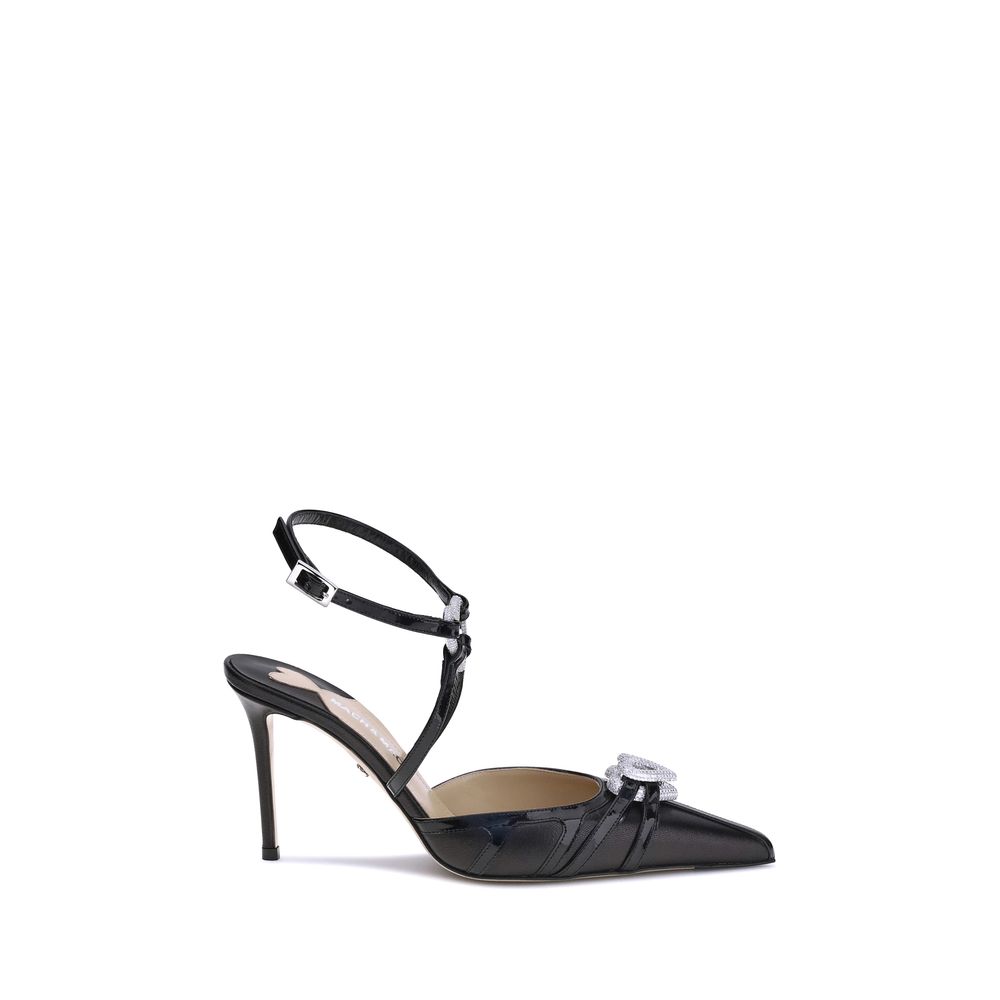 Black Napa Leather High-Heel Pumps with Double Rhinestone Hearts