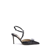 Black Napa Leather High-Heel Pumps with Double Rhinestone Hearts