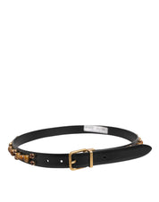 Black Leather Studded Gold Tone Buckle Belt