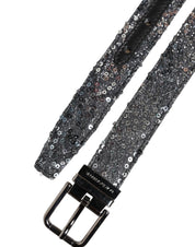 Black Sequins Silver Metal Logo Buckle Belt