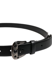 Black Studded Leather Metal Logo Buckle Belt