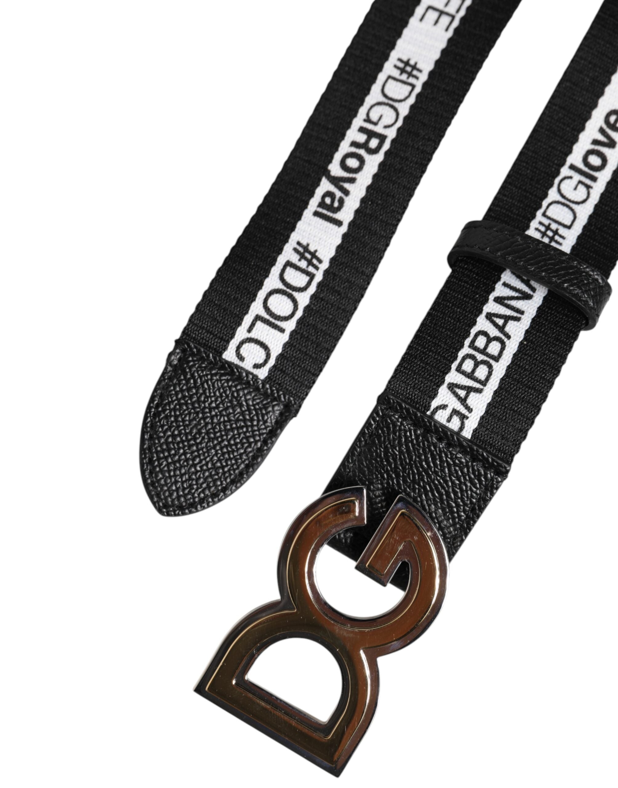 Svart bomullsgürtel med metallisk DG-logotyp och guldspänne