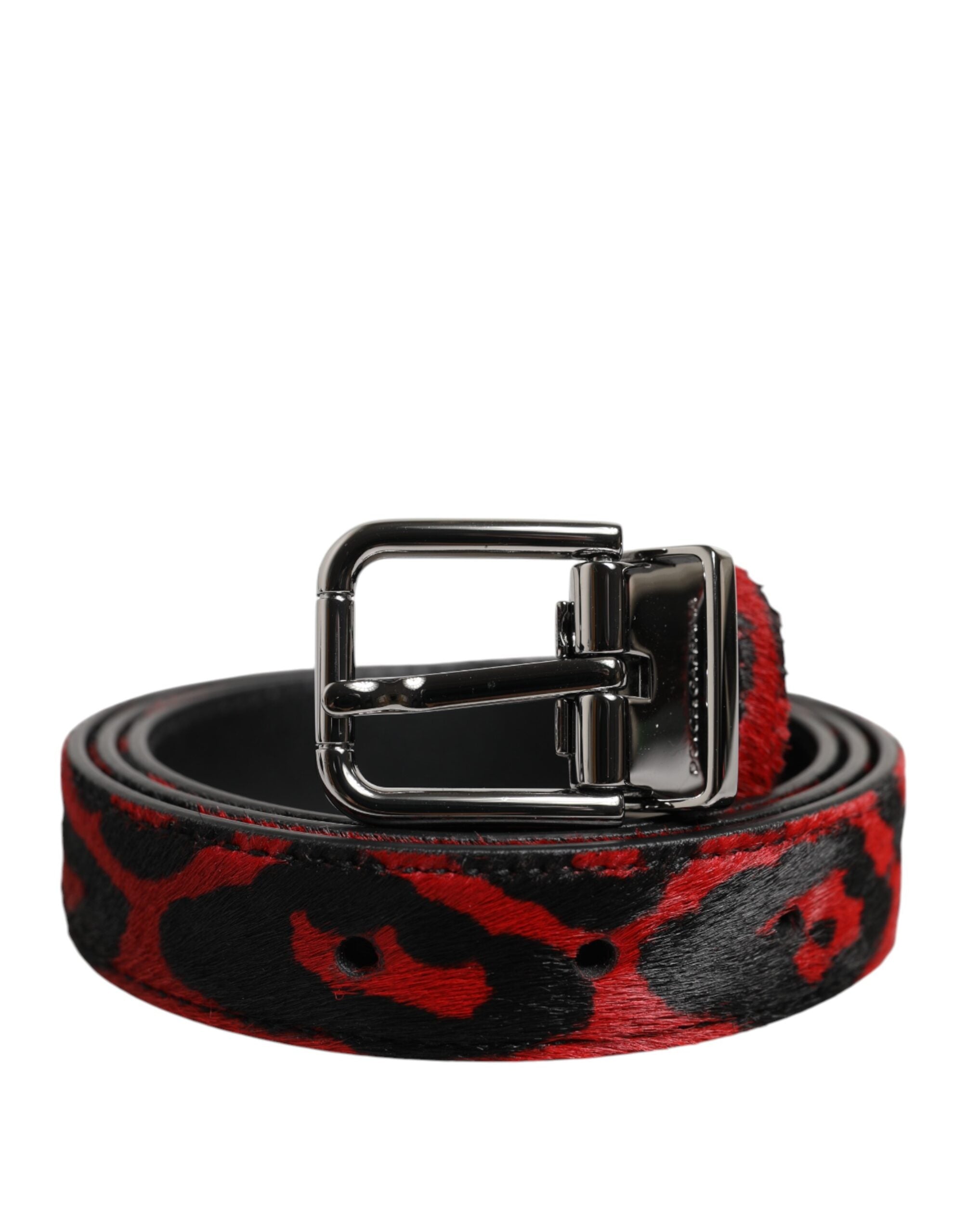 Dolce & Gabbana Black Red Leopard Calfskin Fur Leather Belt