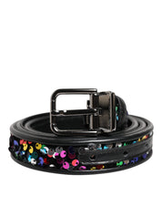 Black Sequin Embellished Metal Buckle Belt