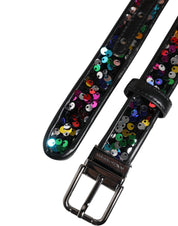 Black Sequin Embellished Metal Buckle Belt