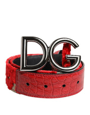 Red Viscose Silver DG Logo Metal Buckle Belt