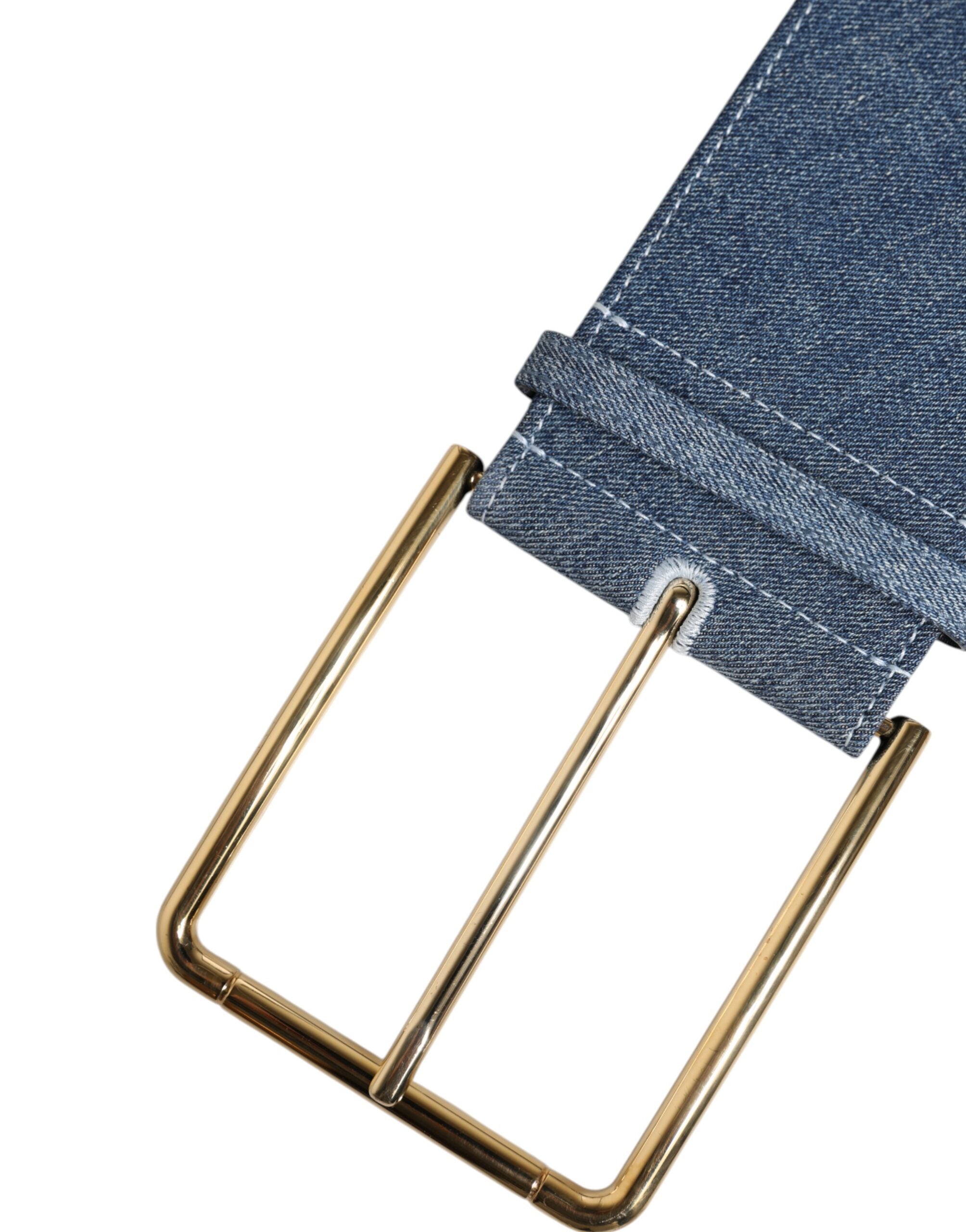 Tvåfärgad blå denimkrokodil-bälte med guldmetallspänne