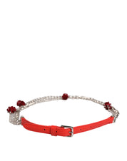 Red Leather Silver Chain Floral Cintura Belt