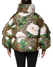 Multicolor Leopard Rose Puffer Quilted Jacket
