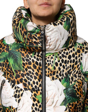 Multicolor Leopard Rose Puffer Quilted Jacket