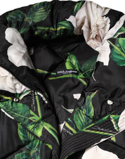Black Floral Print Puffer Quilted Jacket
