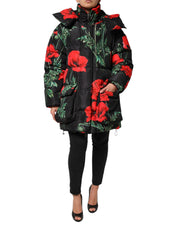 Black Floral Polyester Hooded Quilted Jacket