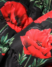 Black Floral Polyester Hooded Quilted Jacket