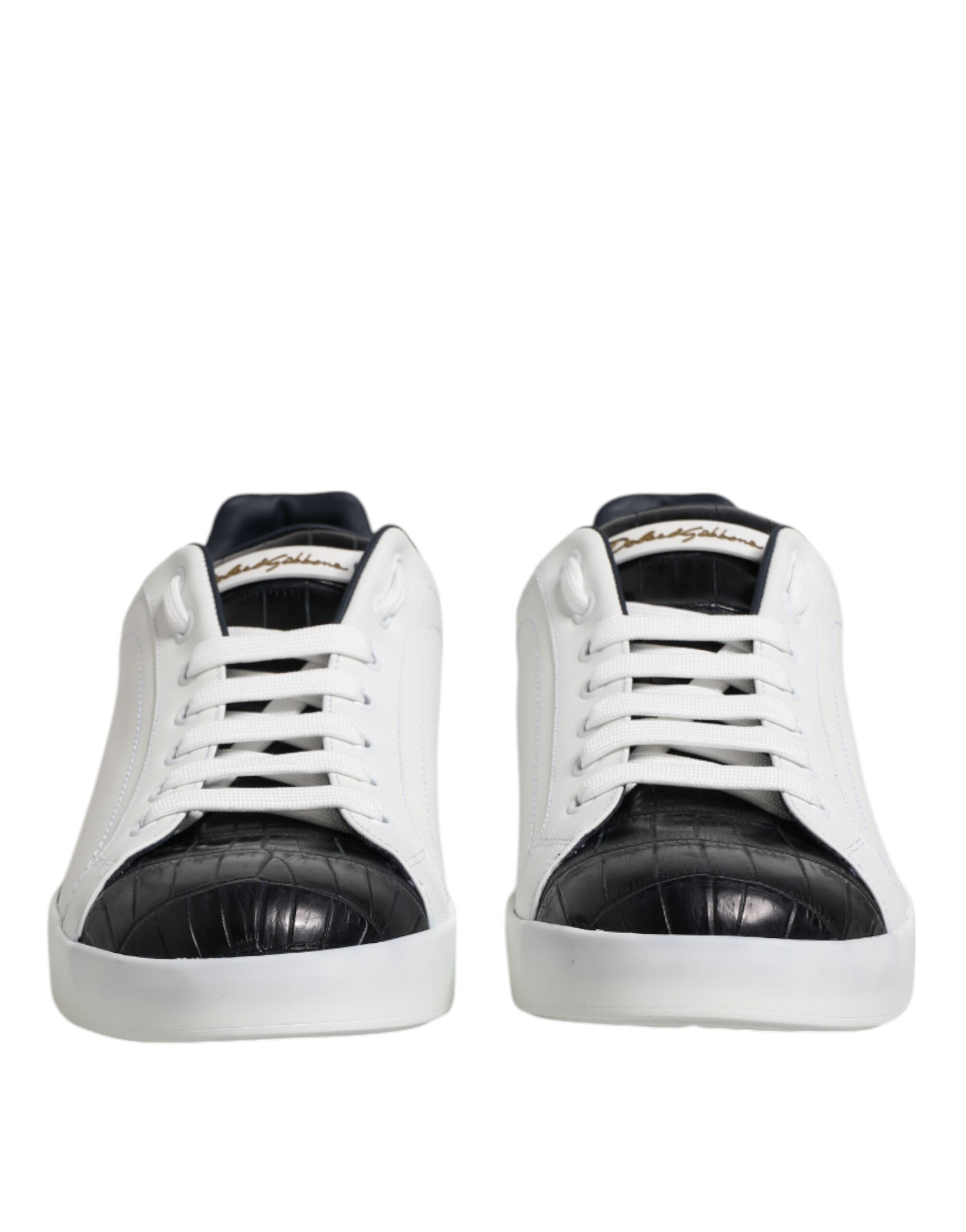 Dolce & Gabbana White Black Calfskin and Crocodile Leather Portofino Sneakers