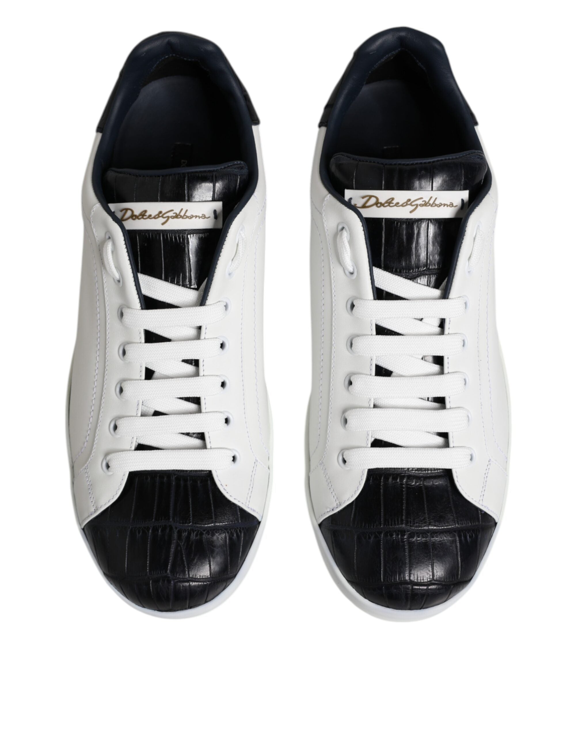 Dolce & Gabbana White Black Calfskin and Crocodile Leather Portofino Sneakers