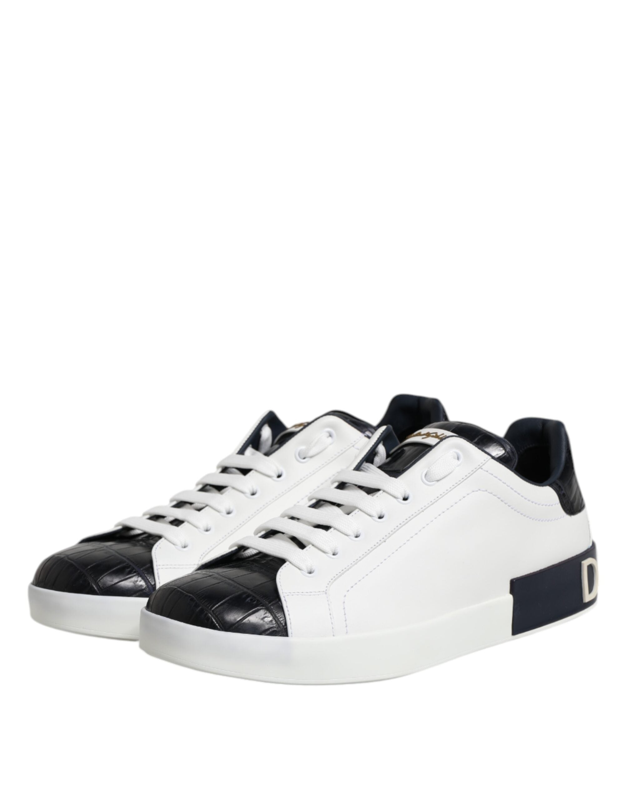 Dolce & Gabbana White Black Calfskin and Crocodile Leather Portofino Sneakers