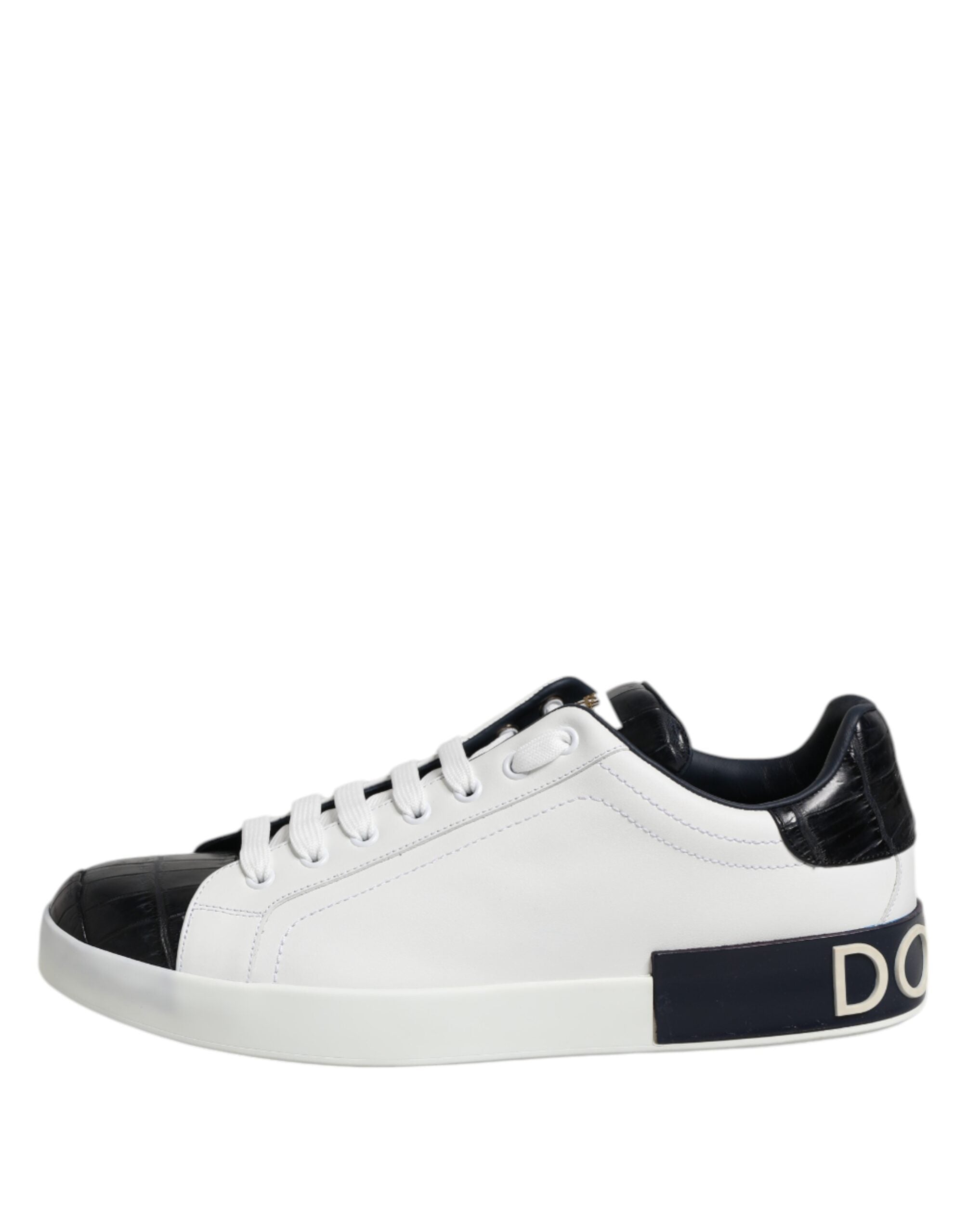 Dolce & Gabbana White Black Calfskin and Crocodile Leather Portofino Sneakers