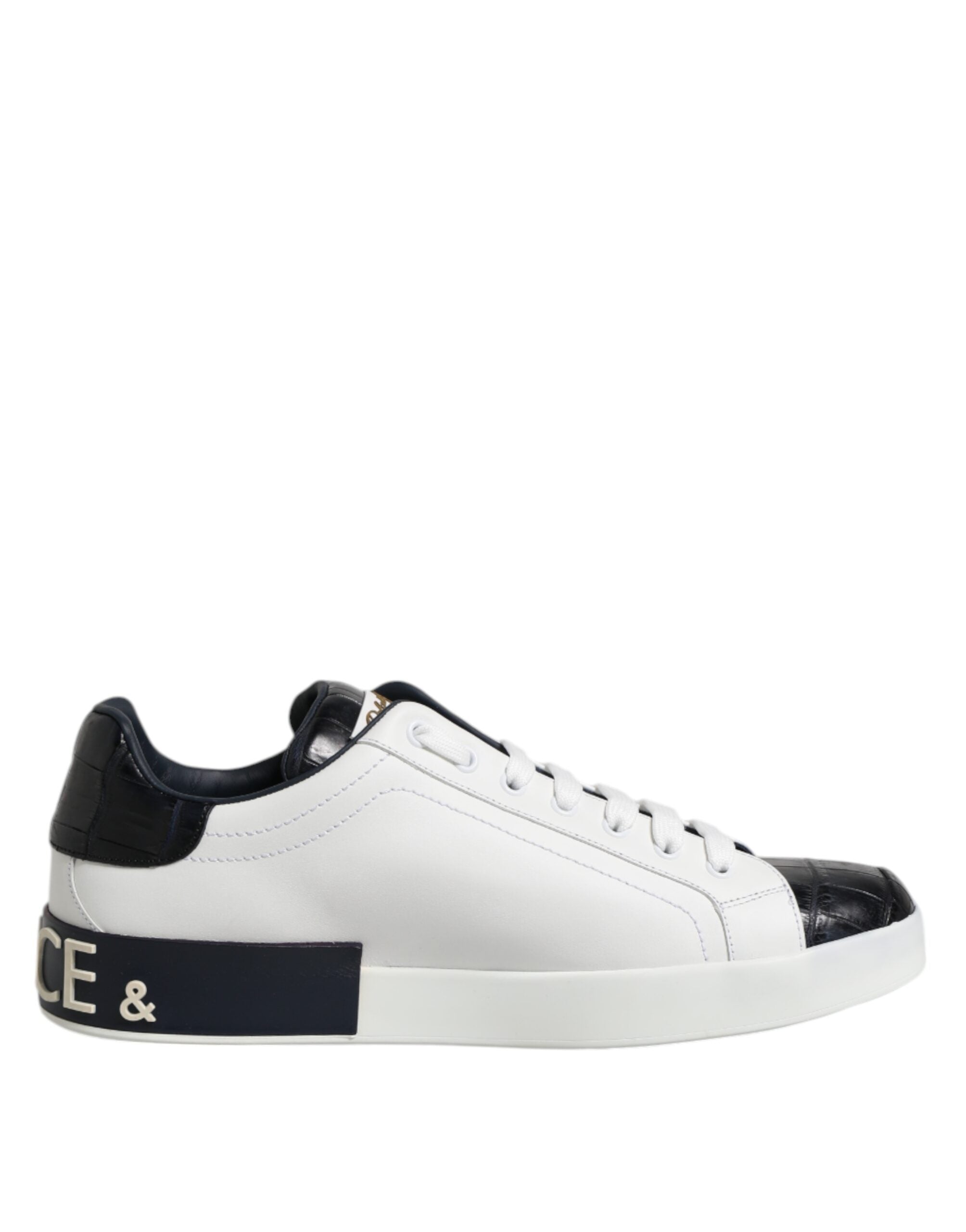 Dolce & Gabbana White Black Calfskin and Crocodile Leather Portofino Sneakers