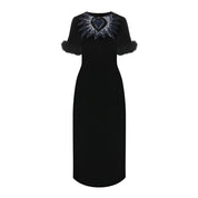 Fur Trim Velvet Midi Dress