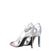 Gray Leather Stiletto Heel Sandals