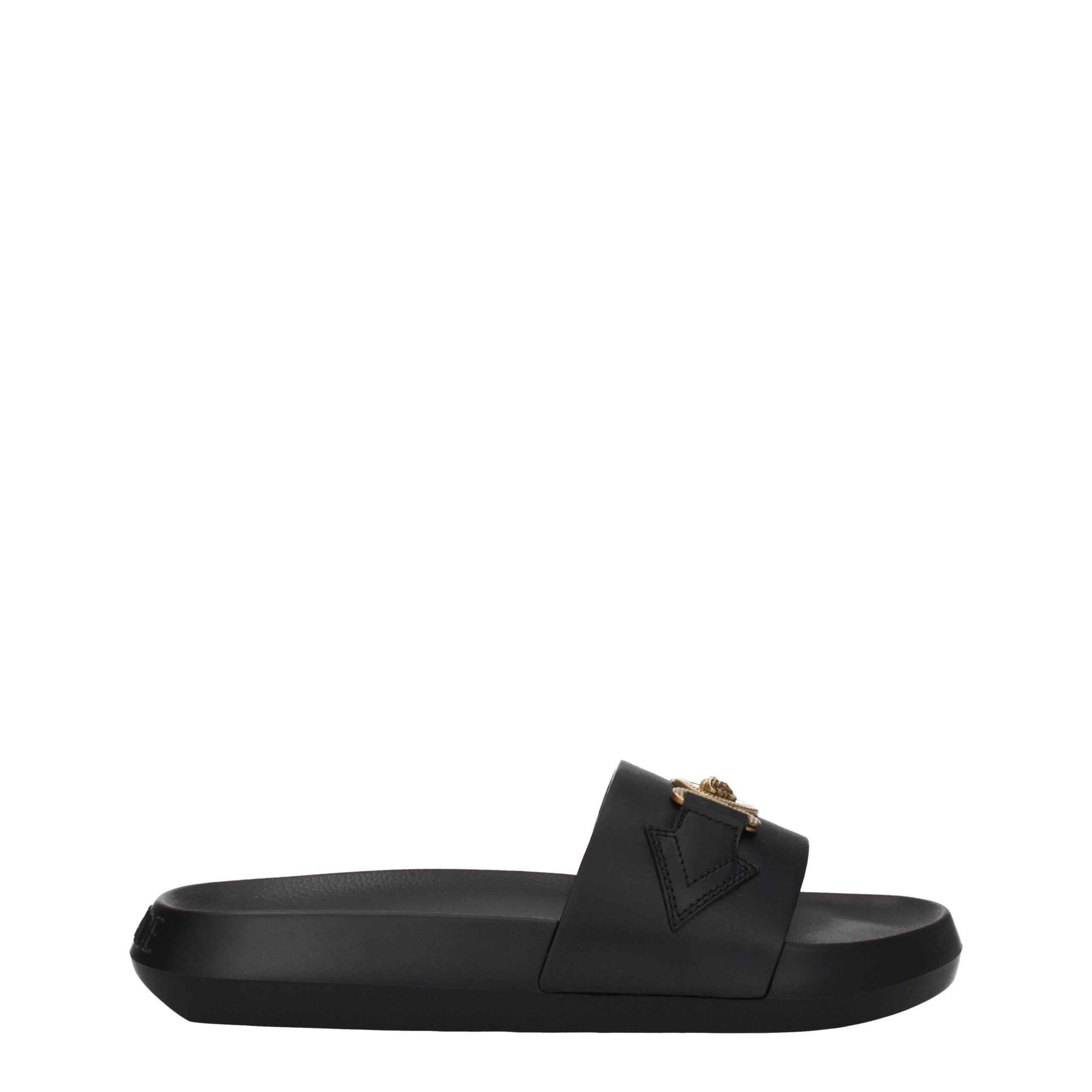 Black Leather Slippers with Logo