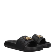 Black Leather Slippers with Logo