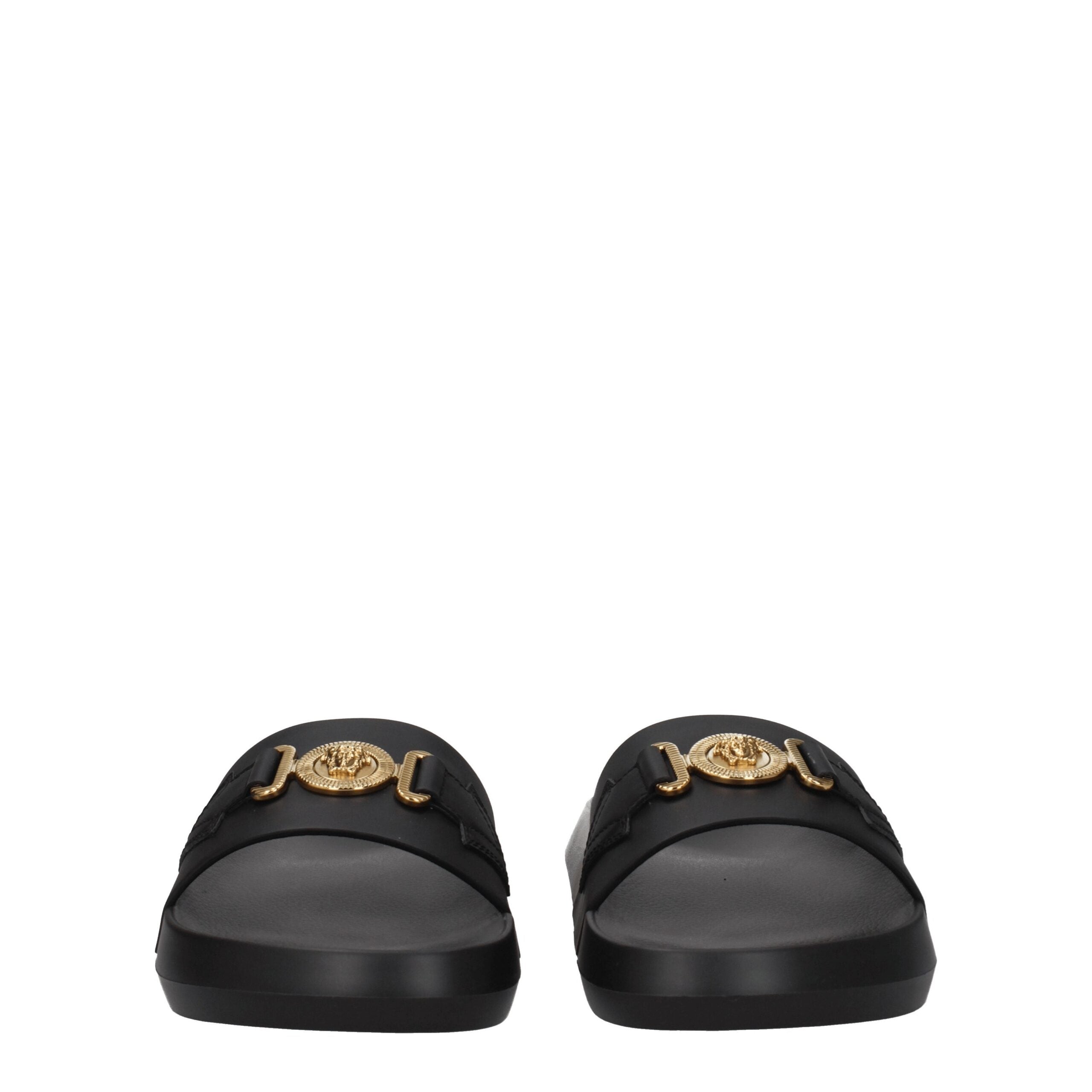 Black Leather Slippers with Logo