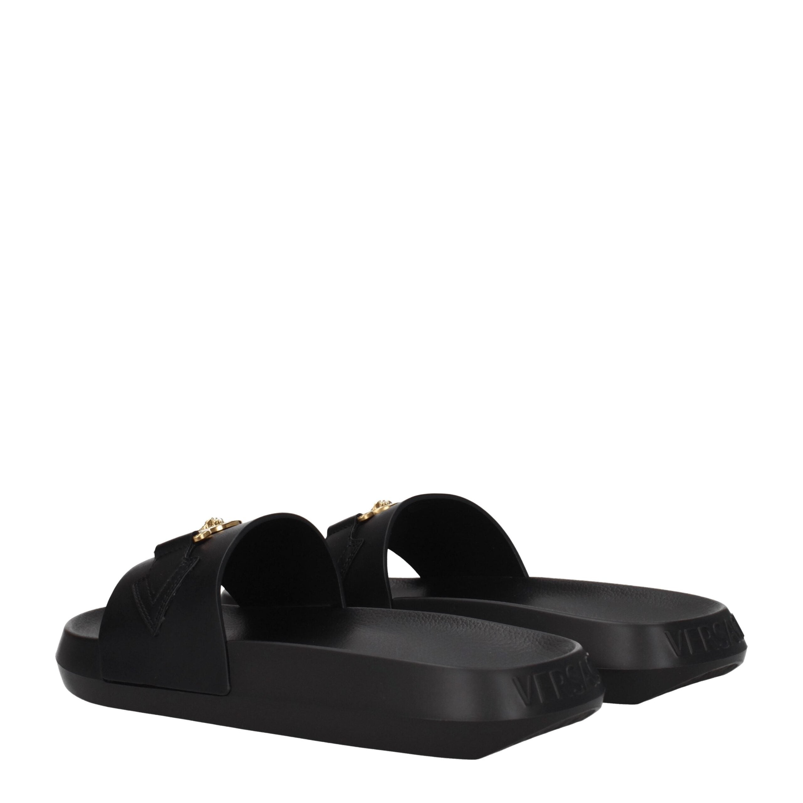 Black Leather Slippers with Logo