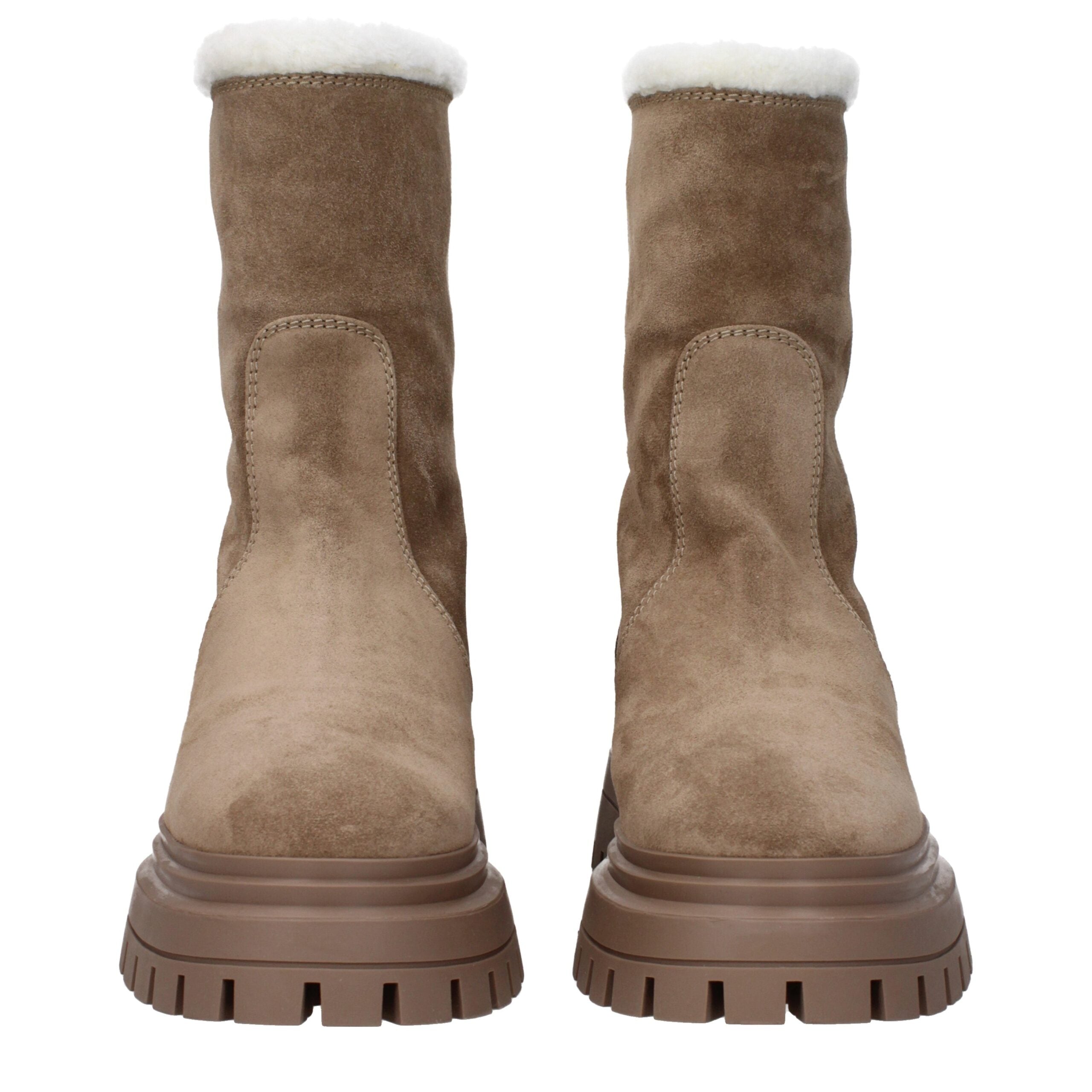 Beige mocka-ankelboots med logotyp baktill