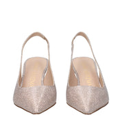 Rosa pumps i pudertyg med hög klack och spetsig tå