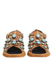 Dolce & Gabbana Brown Leather Studded Slides Sandals