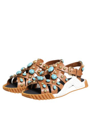 Dolce & Gabbana Brown Leather Studded Slides Sandals