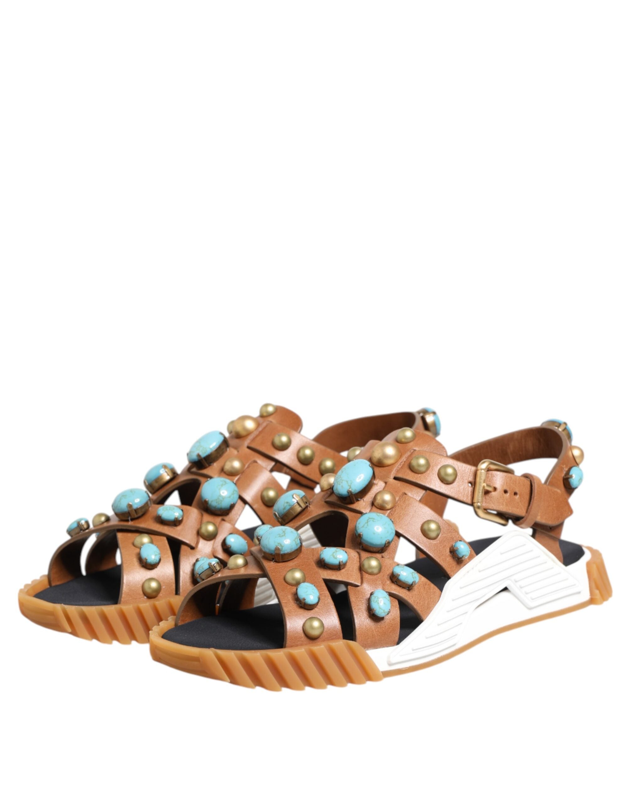 Dolce & Gabbana Brown Leather Studded Slides Sandals