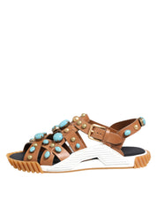 Dolce & Gabbana Brown Leather Studded Slides Sandals