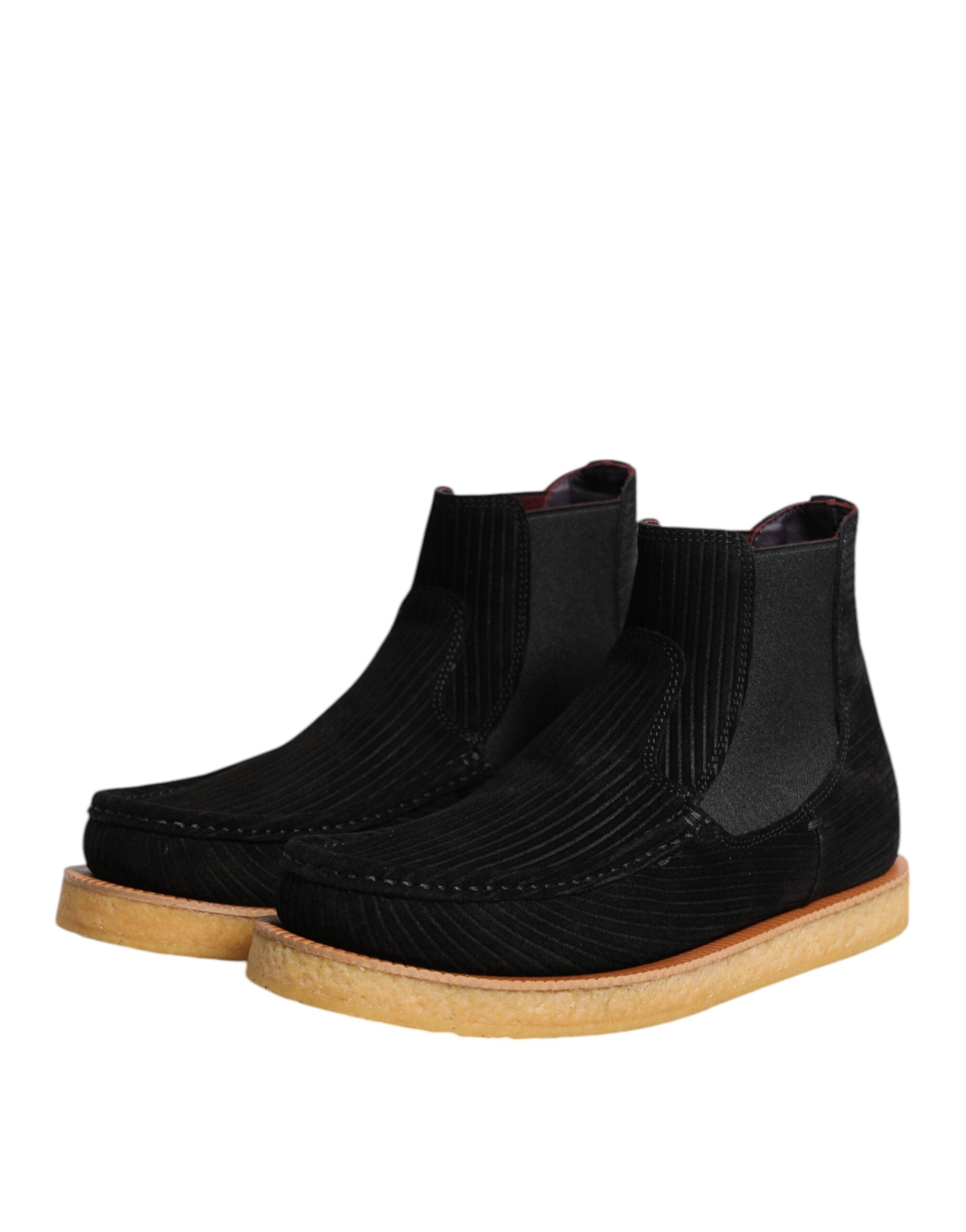 Dolce & Gabbana Black Calfskin Suede Slip-On Ankle Boots with DG Logo