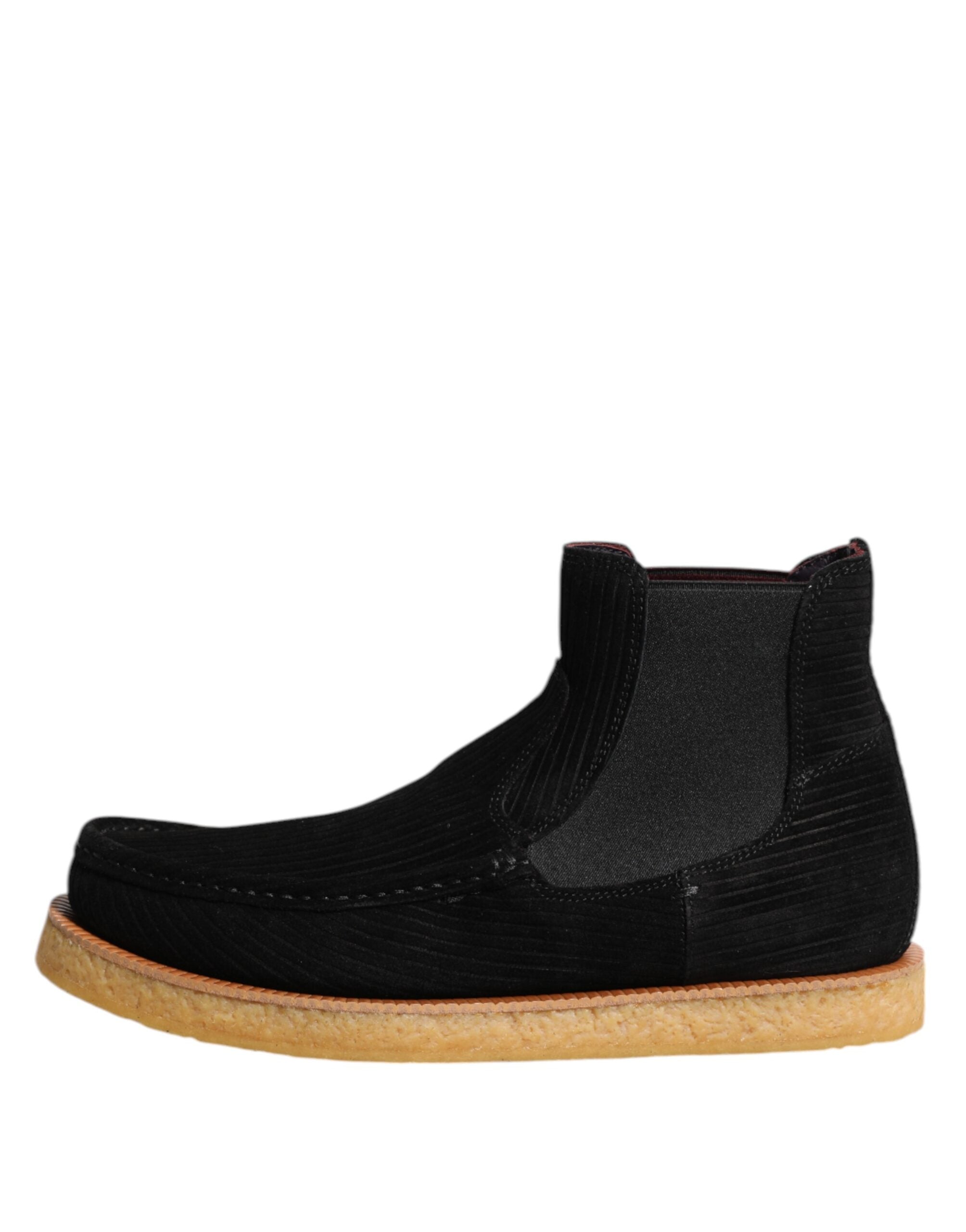 Dolce & Gabbana Black Calfskin Suede Slip-On Ankle Boots with DG Logo