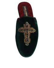 Green Velvet Cross Embellished Slippers - Dolce & Gabbana