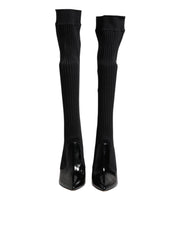 Black Leather Ribbed Knit Knee Boots Shoes