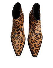 Brown Leopard Calf Fur Ankle Boots Shoes