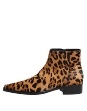 Brown Leopard Calf Fur Ankle Boots Shoes