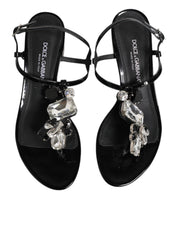 Dolce & Gabbana Black Leather Crystal Ankle Strap Sandals