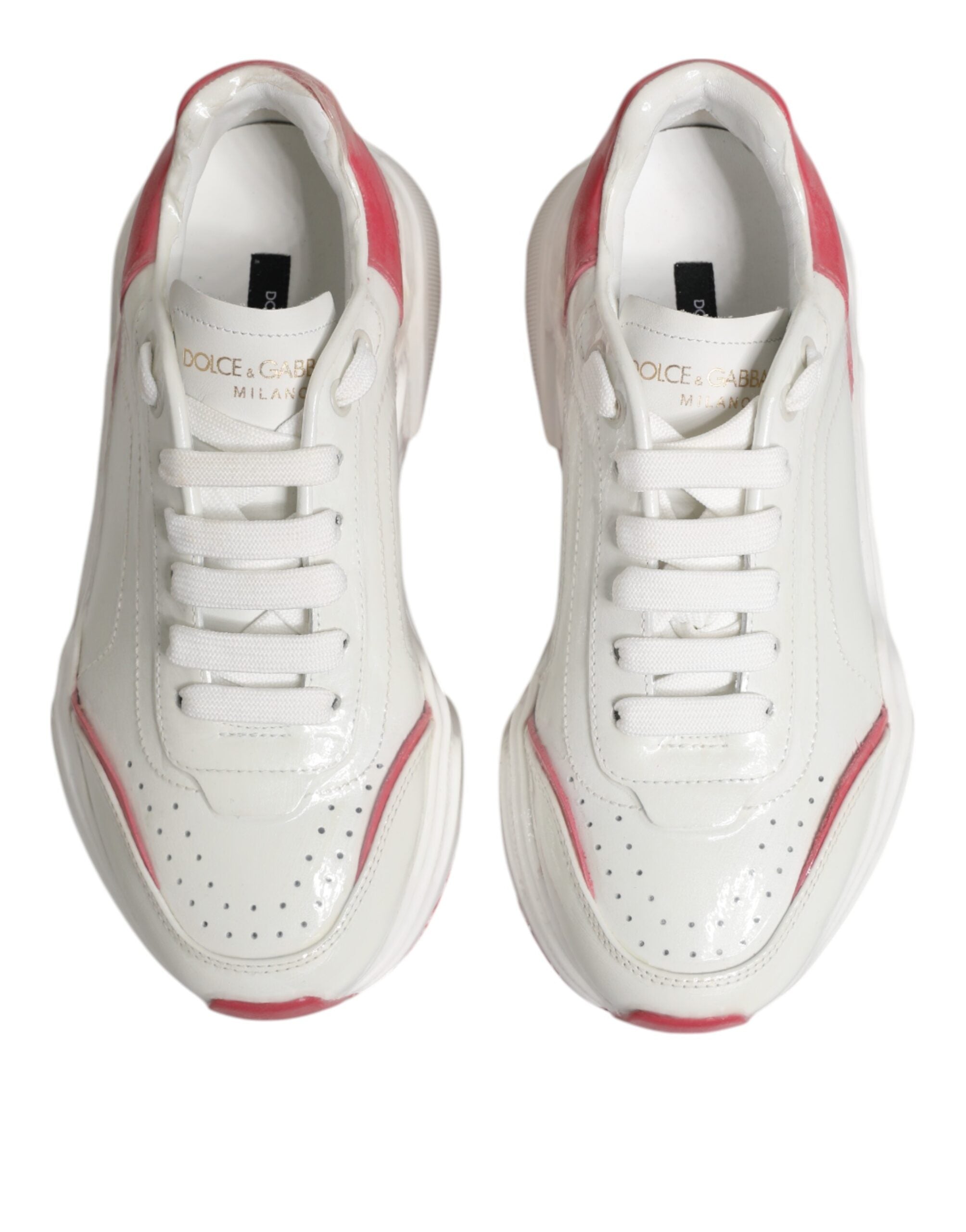 Dolce & Gabbana White Pink Calf Leather Low Top Sneakers