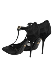 Black Mesh T-strap Stiletto High Heels Shoes